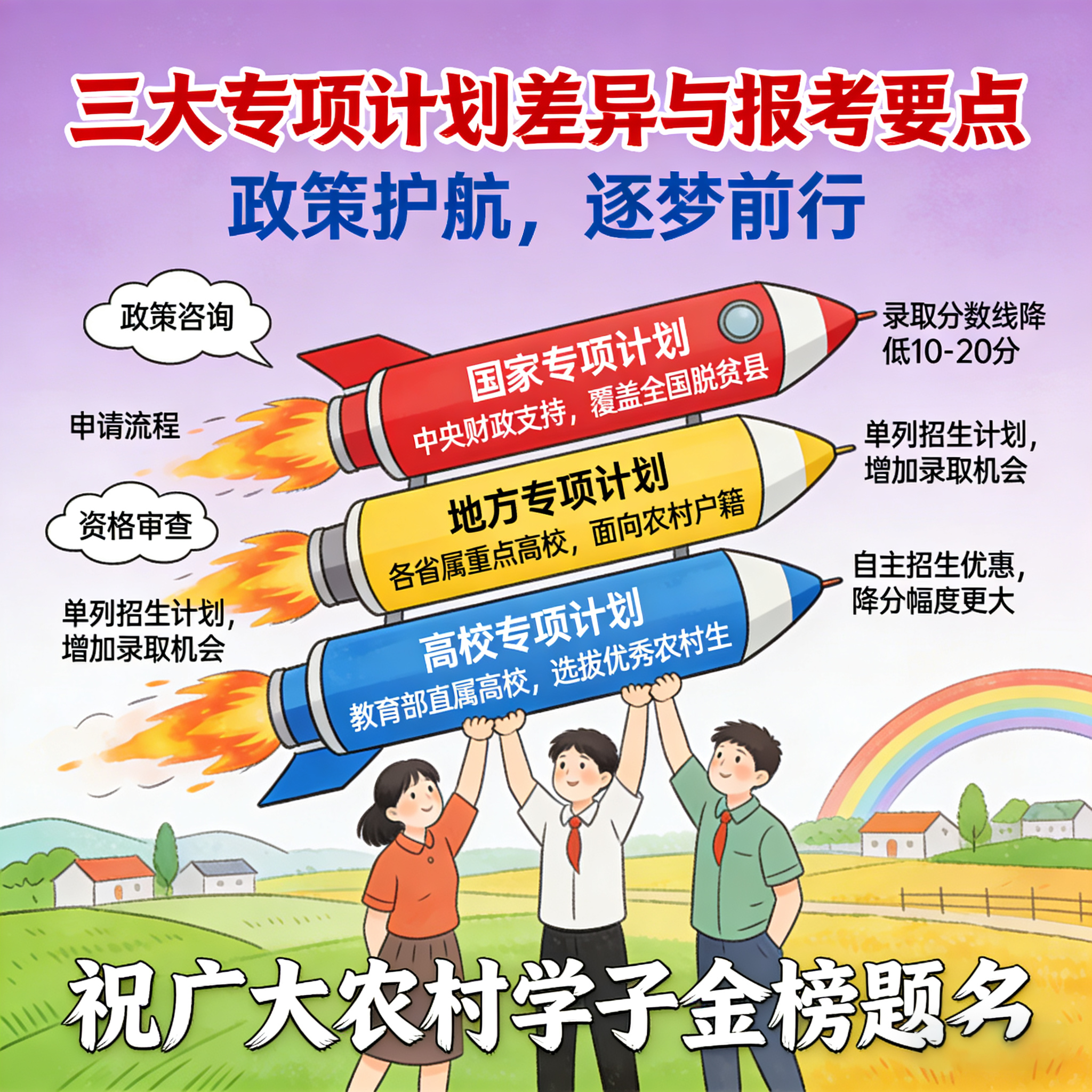 农村及脱贫地区考生升学利好政策解读：三大专项计划差异与报考要点